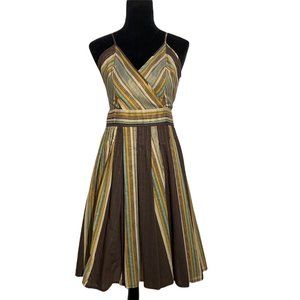 BGN 6 Dress Euro 50s Style Brown‎ Gold Multicolor Stripe Full Skirt Empire Waist